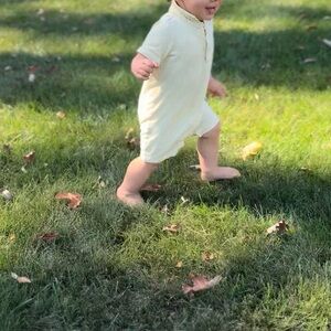 Primary Yellow pique polo romper yellow and pink — cotton